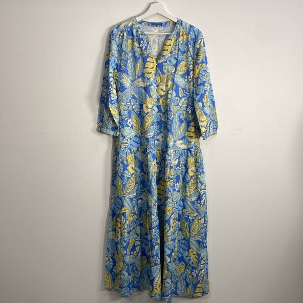 J. Mclaughlin linen Tiered Midi Dress Tropical‎ Floral Pockets NWT Retail $345